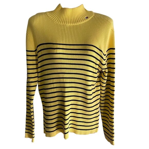Tommy Hilfiger Sweater Womens Large Yellow Black Striped Ribbed Pullover Cotton - Picture 1 of 8